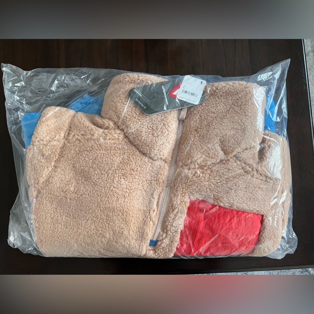 Free People Tan Sherpa Vest with Blue Sleeves & Red Pocket - Picture 7 of 8